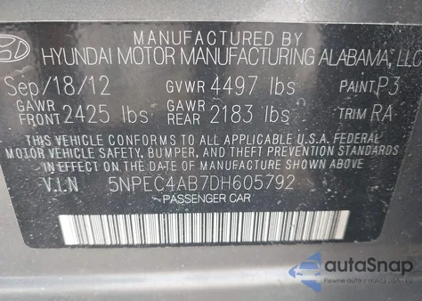 2013 Hyundai Sonata Limited 2.0T из США, поврежденный, VIN 5NPEC4AB7DH605792